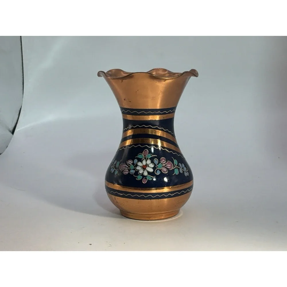 Vintage Copper Vase‎ Hand Painted Floral 4